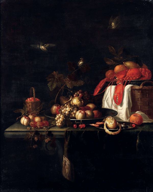 Andrea Benedetti (Parma 1615 - Anversa 1669) Natura morta con frutti, aragosta e uccellini