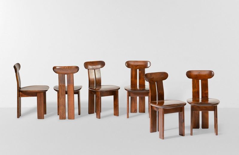 Sei sedie con struttura in legno e rivestimento in pelle.  - Asta Design Lab - Cambi Casa d'Aste