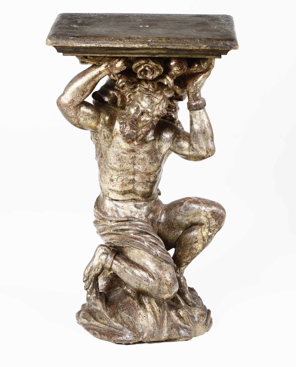 Piedistallo Raffigurante Atlante Legno Scolpito e Argentato Arte Barocca Italiana del XVII-XVIII ...