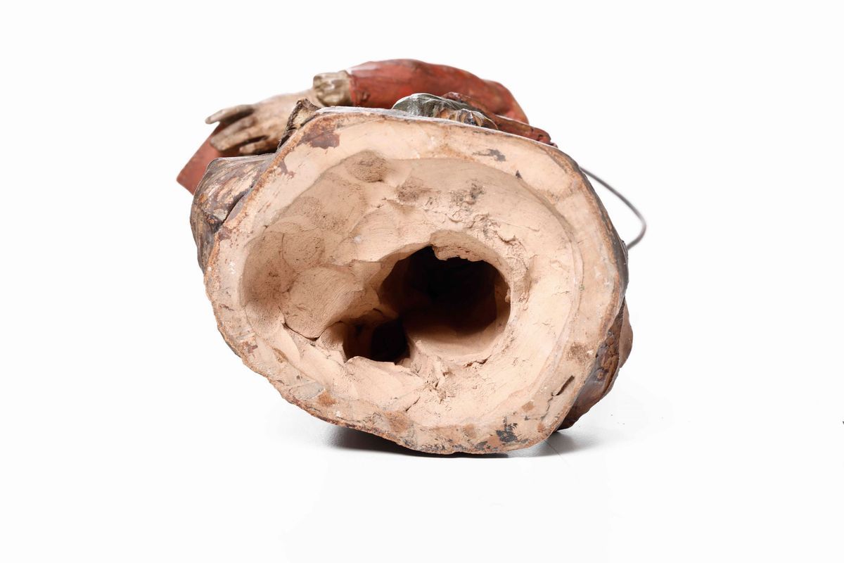Igrometro Terracotta Dipinta e Ferro Forgiato Teca in Legno e Vetro Plasticatore del XVIII-XIX Se...