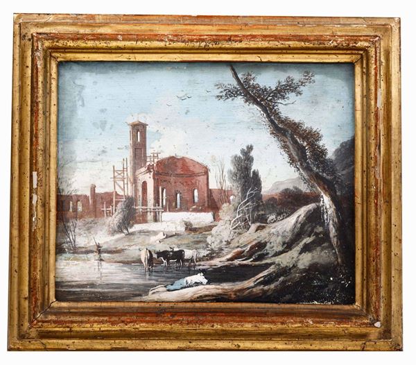 Scuola italiana del XVIII secolo Paesaggio con capriccio architettonico
