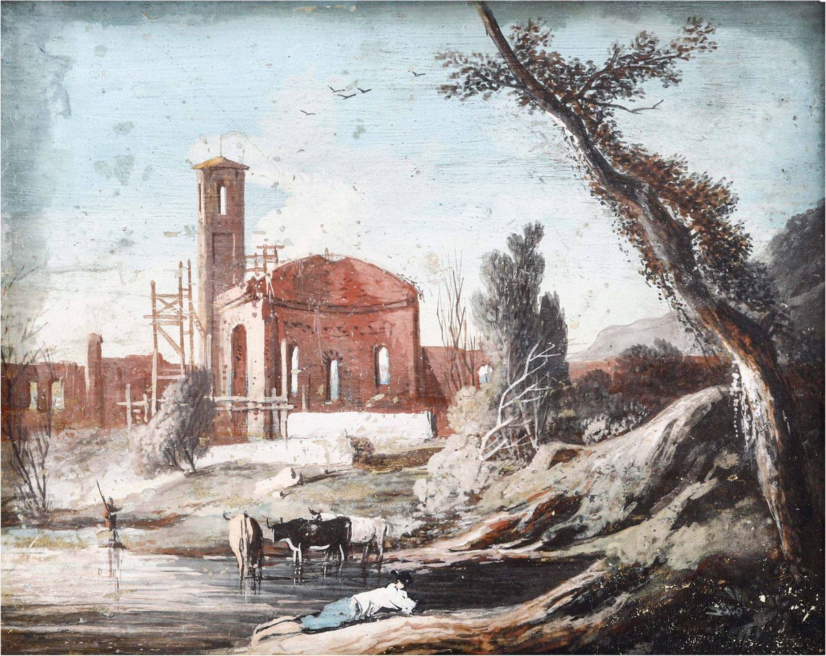 Scuola Italiana del XVIII Secolopaesaggio con Capriccio Architettonico