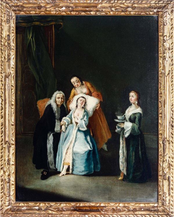 Pietro Longhi (Venezia 1702-1785), ambito di Coppia di dipinti con scene di personaggi veneziani