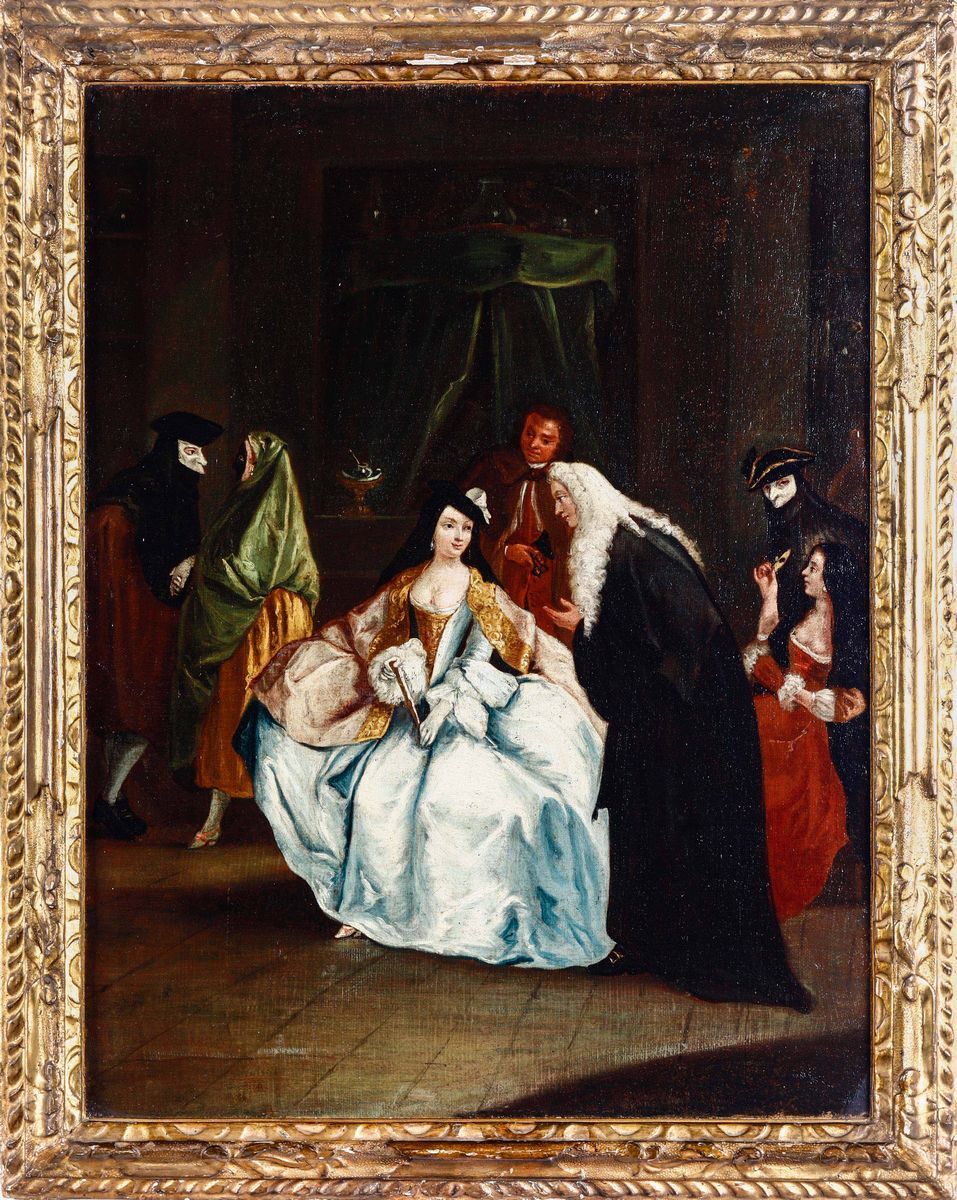 Pietro Longhi (venezia 1702-1785), Ambito Dicoppia di Dipinti con Scene di Personaggi Veneziani