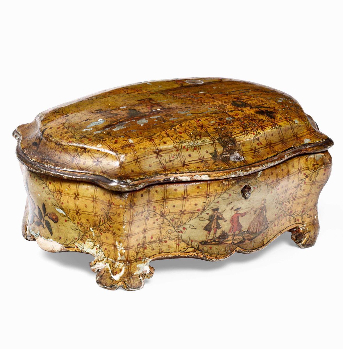 Cofanetto Legno Dipinto, Laccato, Carta Sagomata e Colorata Arte Veneziana del XVIII Secolo