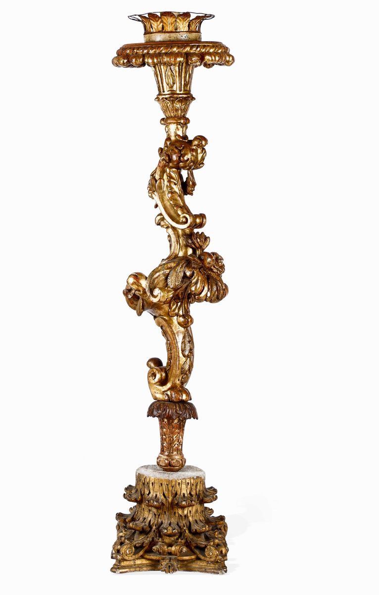 Torciera in legno scolpito e dorato, Genova XVII secolo  - Auction The Bucci-Errani collections in Faenza - Cambi Casa d'Aste