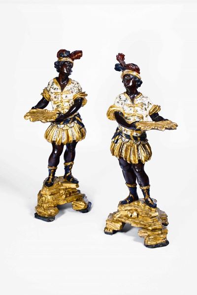Importante Coppia di Mori Legno Scolpito, Dipinto, Dorato e Laccato Arte Barocca Veneziana del XV...