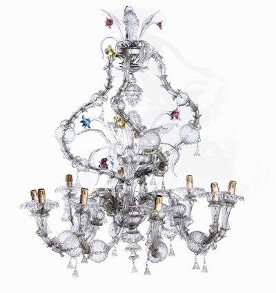 Lampadario in Vetro Soffiato a Bossette con Fiori in Pasta Vitrea Policroma, Murano XX Secolo