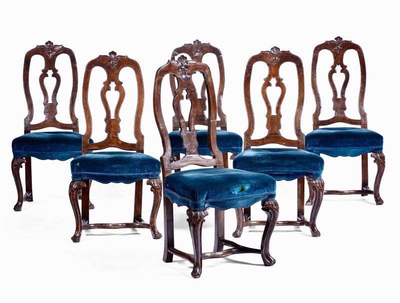 Sei sedie in noce, Veneto XIX secolo  - Auction The Bucci-Errani collections in Faenza - Cambi Casa d'Aste