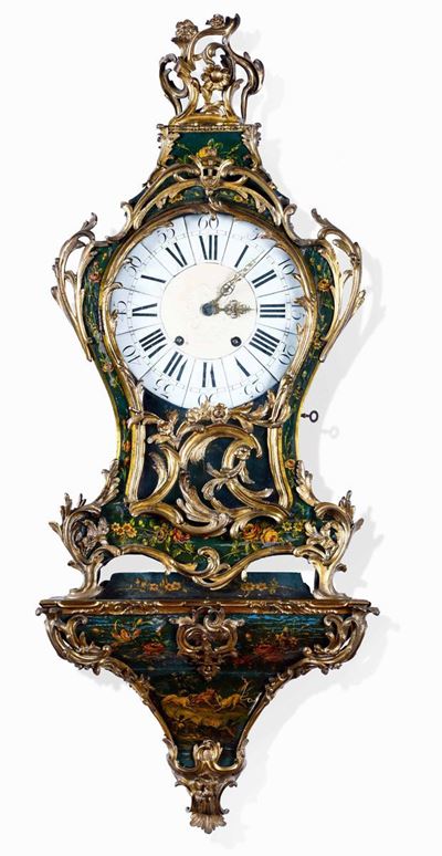 Orologio Cartel da Parete Laccato e Dipinto a Fondo Verde, Francia XVIII Secolo