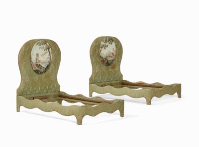 Coppia di Testate da Letto con Inseriti Paesaggi Ovali Dipinti a Tempera su Tela, Ambito di Romol...