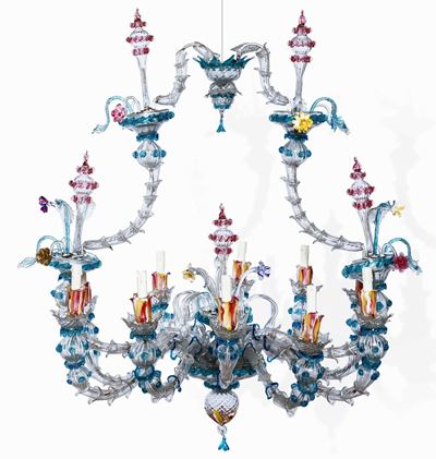 Lampadario in Vetro Soffiato Policromo, Murano XX Secolo