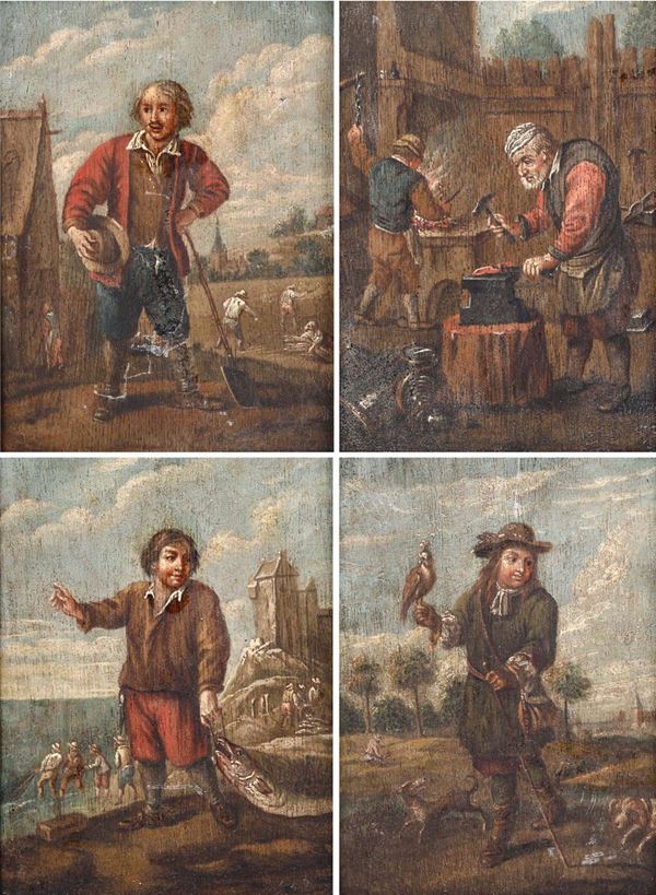 Scuola fiamminga del XVIII secolo Fabbro, contadino, pescatore e cacciatore