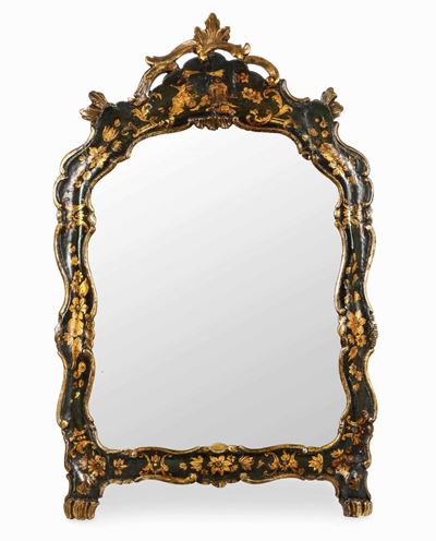 Specchio Legno Scolpito, Dorato e Laccato Arte Veneziana del XVIII Secolo