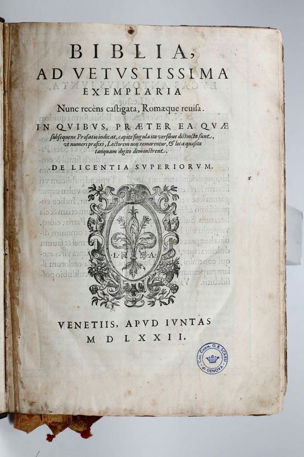 Sacra Bibbia Biblia ad vetustissima exemplaria... Venezia, Giunta, 1572.