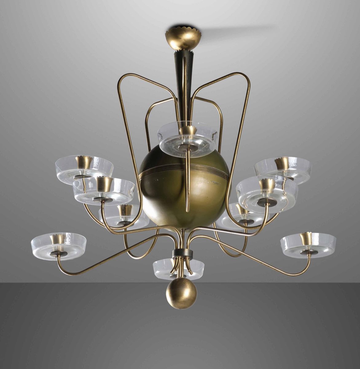 Lampada a Sospensione con Struttura in Ottone ed Elementi in Vetro.