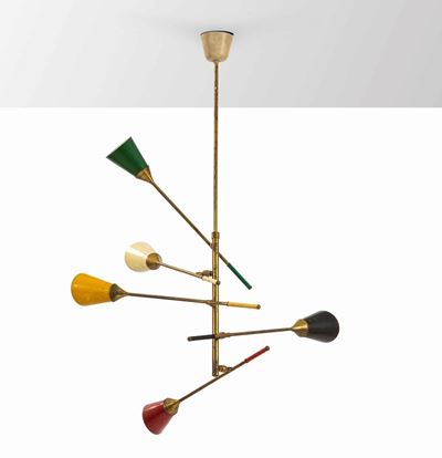 Lampada a Sospensione con Struttura in Ottone e Diffusori Orientabili in Metallo Laccato.