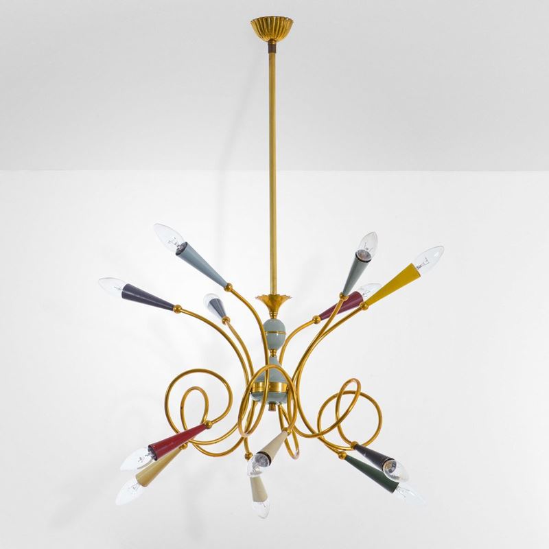 Lampada a sospensione con struttura in ottone e metallo laccato.  - Auction Design - Cambi Casa d'Aste