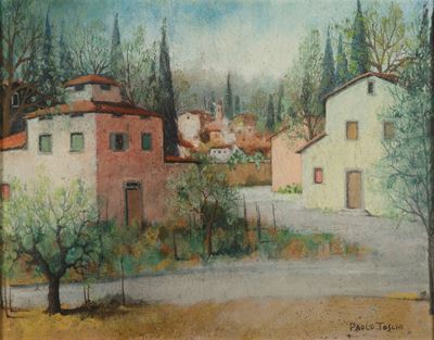 Paesaggio con case, tecnica mista su cartone