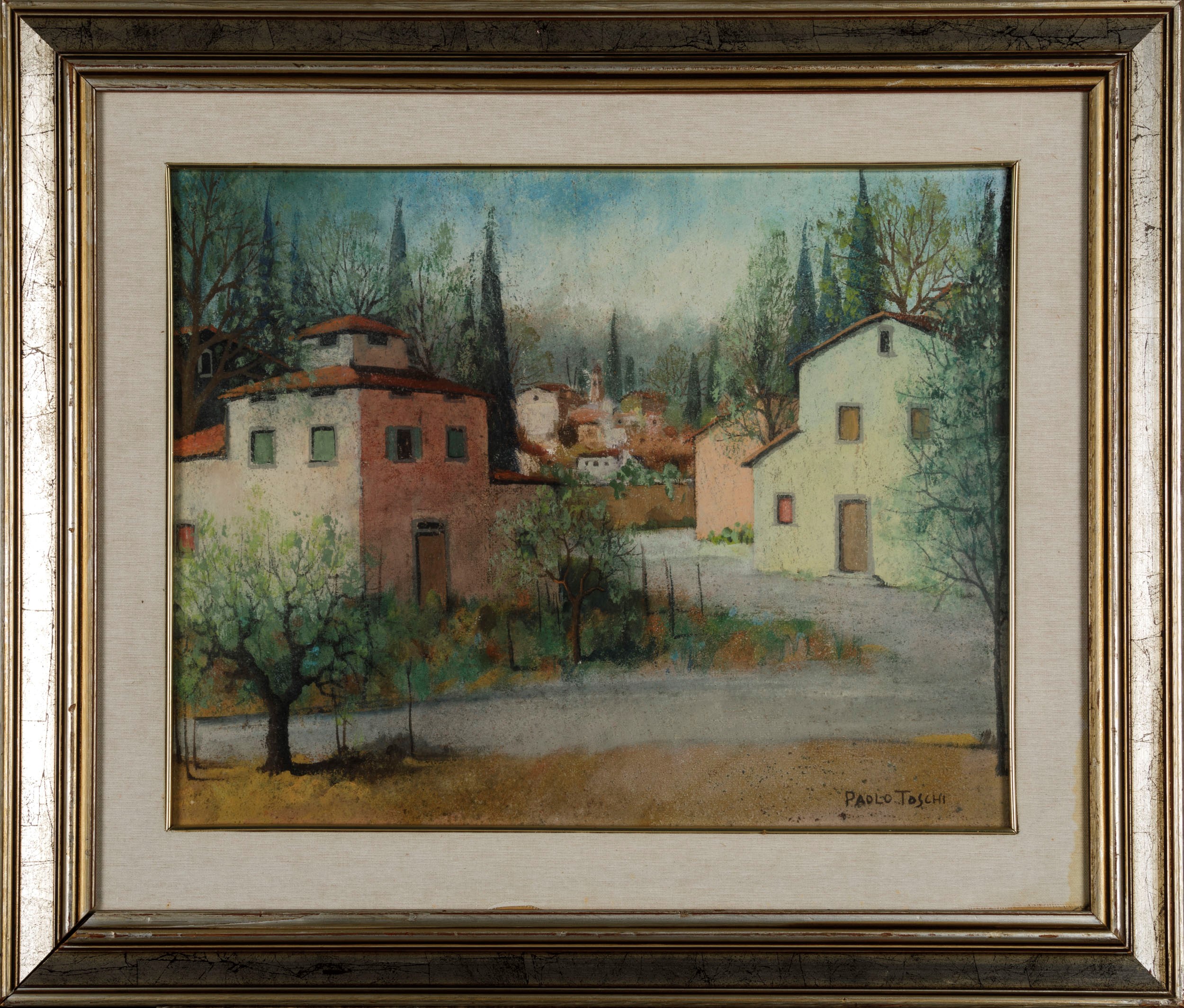 Paolo Toschi - Paesaggio con case, tecnica mista su cartone