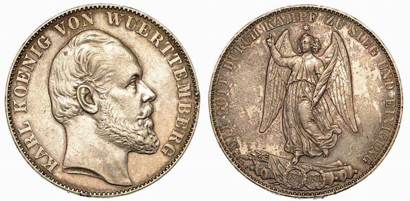 GERMANIA - WURTTEMBERG. Karl I, 1864-1891. Thaler 1870-1871 (vittoria nella guerra franco-prussiana).  - Auction Numismatics - Cambi Casa d'Aste