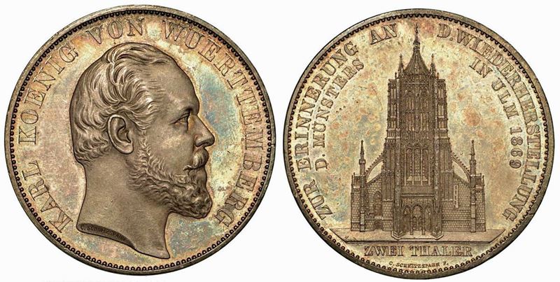 GERMANIA - WURTTEMBERG. Wilhelm II, 1891-1918. 2 Thaler 1869, zecca di Berlino.  - Auction Numismatics - Cambi Casa d'Aste