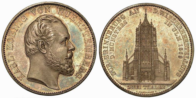 GERMANIA - WURTTEMBERG. Wilhelm II, 1891-1918. 2 Thaler 1869, zecca di Berlino.  - Asta Numismatica - Cambi Casa d'Aste