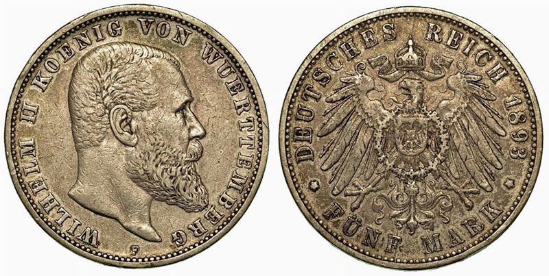 GERMANIA - WURTTEMBERG. Wilhelm II, 1891-1918. 5 Mark 1893.  - Auction Numismatics - Cambi Casa d'Aste