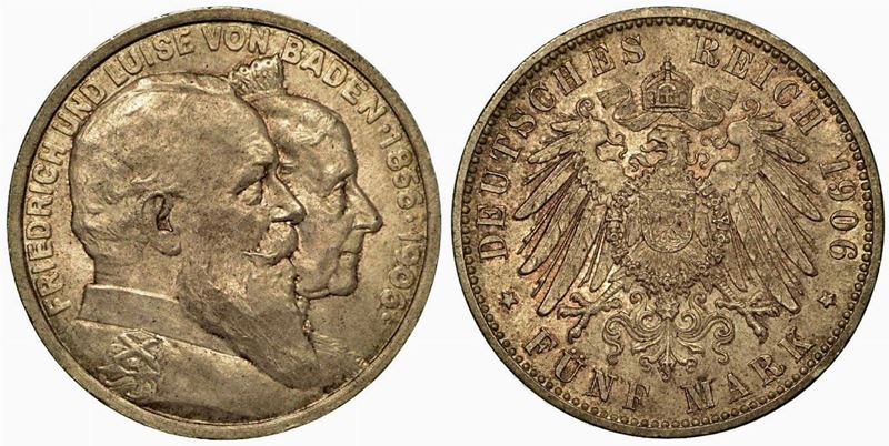 GERMANIA - BADEN. Friedrich I, 1856-1907. 5 Mark 1906 (Anniversario delle nozze d'oro del re e della regina).  - Auction Numismatics - Cambi Casa d'Aste