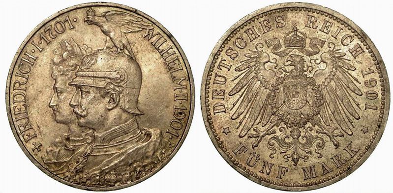 GERMANIA - PRUSSIA. Wilhelm II, 1888-1918. 5 Mark 1901 (200° anniversario della Prussia).  - Auction Numismatics - Cambi Casa d'Aste