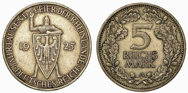 GERMANIA - REPUBBLICA DI WEIMAR, 1919-1933. 5 Reichsmark 1925 (Millenario Renania).
