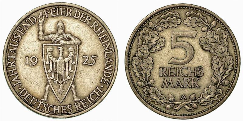 GERMANIA - REPUBBLICA DI WEIMAR, 1919-1933. 5 Reichsmark 1925 (Millenario Renania).  - Auction Numismatics - Cambi Casa d'Aste