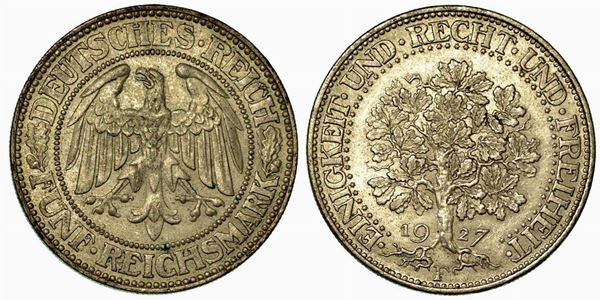 GERMANIA - REPUBBLICA DI WEIMAR, 1919-1933. 5 Reichsmark 1927F.