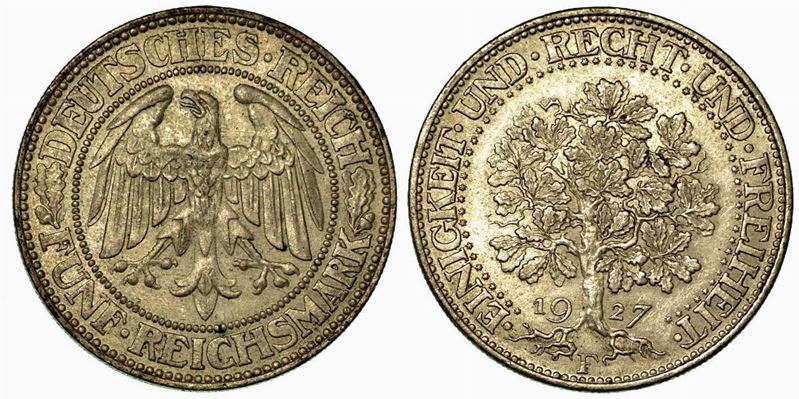 GERMANIA - REPUBBLICA DI WEIMAR, 1919-1933. 5 Reichsmark 1927F.  - Auction Numismatics - Cambi Casa d'Aste