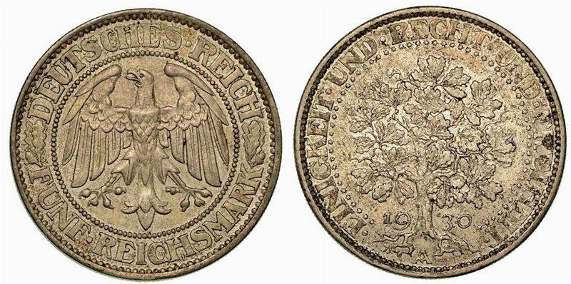 GERMANIA - REPUBBLICA DI WEIMAR, 1919-1933. 5 Reichsmark 1930A.  - Auction Numismatics - Cambi Casa d'Aste