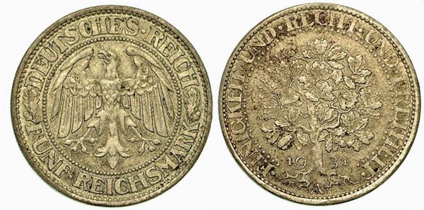 GERMANIA - REPUBBLICA DI WEIMAR, 1919-1933. 5 Reichsmark 1931A.