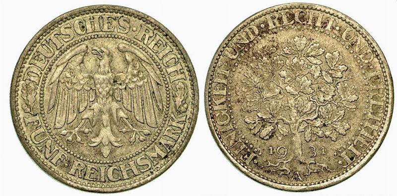 GERMANIA - REPUBBLICA DI WEIMAR, 1919-1933. 5 Reichsmark 1931A.  - Auction Numismatics - Cambi Casa d'Aste