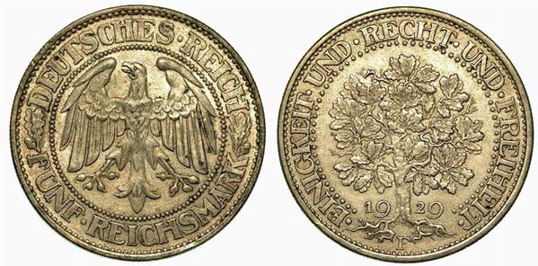 GERMANIA - REPUBBLICA DI WEIMAR, 1919-1933. 5 Reichsmark 1929F.