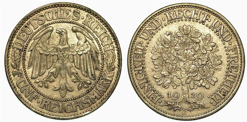 GERMANIA - REPUBBLICA DI WEIMAR, 1919-1933. 5 Reichsmark 1929F.  - Auction Numismatics - Cambi Casa d'Aste