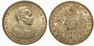 Germania - Prussia. Wilhelm II, 1888-1918. 5 Reichsmark 1914.
