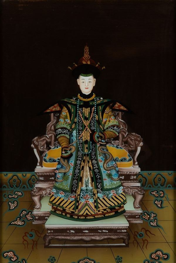 Dipinto su vetro raffigurante imperatore, Cina, XX secolo