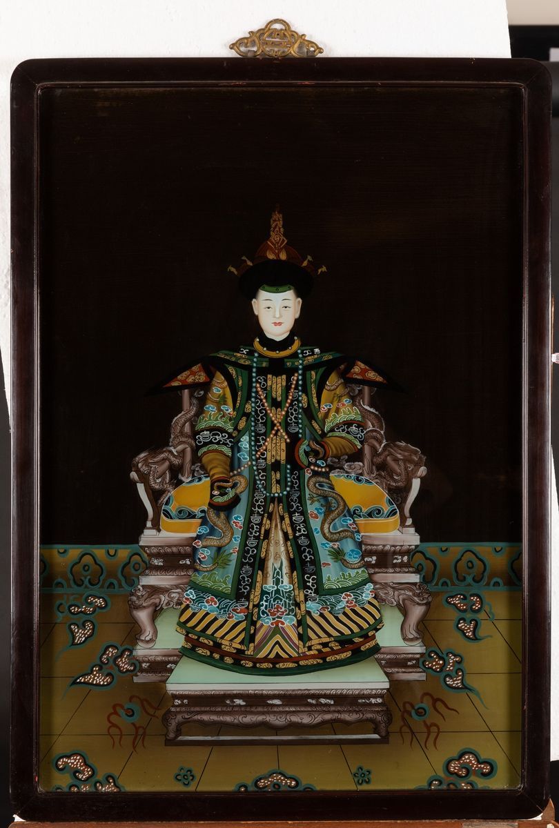 Dipinto su Vetro Raffigurante Imperatore, Cina, XX Secolo