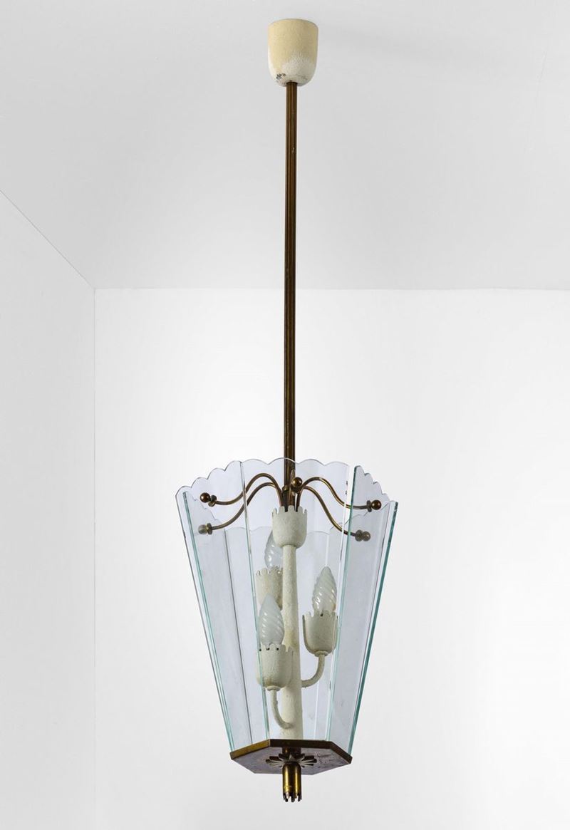 Lampada a sospensione con struttura in metallo e ottone, Diffusori in vetro.  - Auction Design Lab - Cambi Casa d'Aste