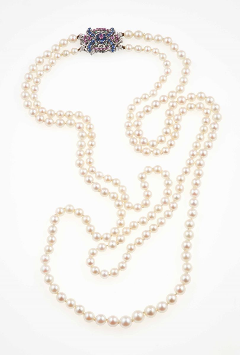 Demi-parure Composta da Collana e Bracciale con Perle Coltivate, Zaffiri e Rubini