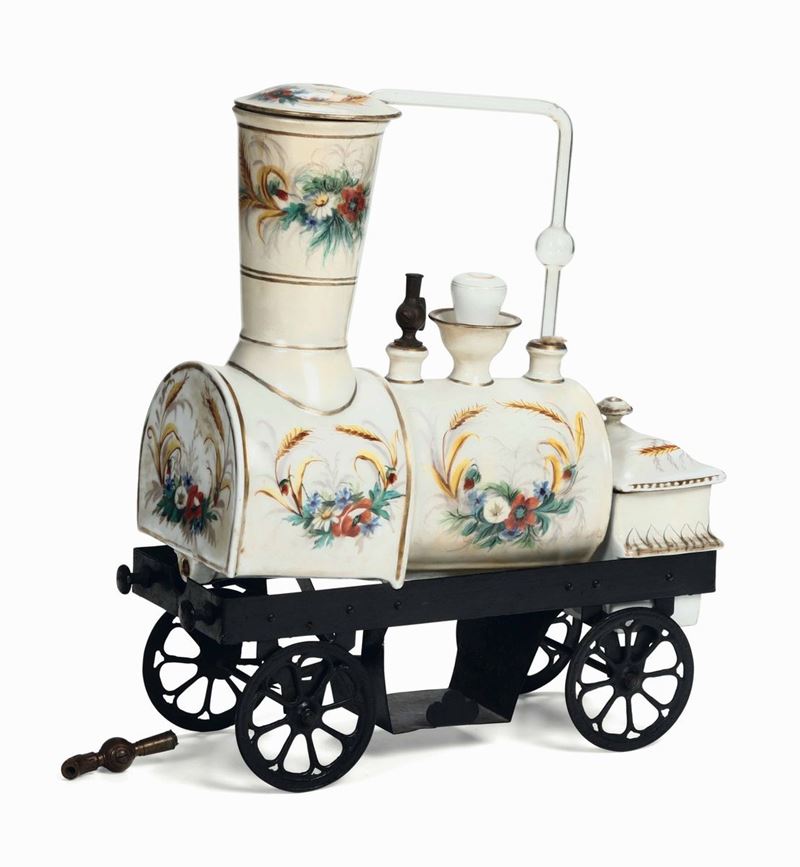 Rara caffettiera a forma di locomotiva  Parigi, Manifattura J.B.Toselli, 1860-1870 circa  - Asta Maioliche e Porcellane - I - Cambi Casa d'Aste