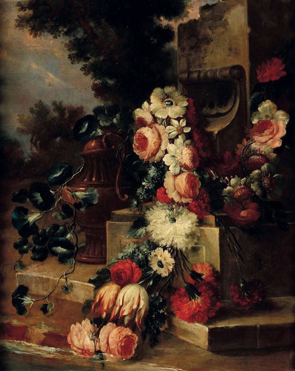 Scuola piemontese del XVIII secolo Natura morta con architetture, fiori e versatoio