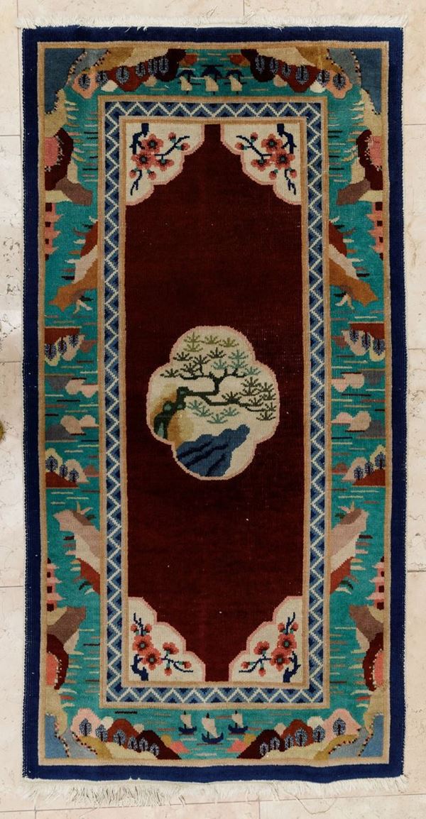 Tappeto con decoro a cinque draghi su fondo blu, Cina, Dinastia Qing, XIX secolo