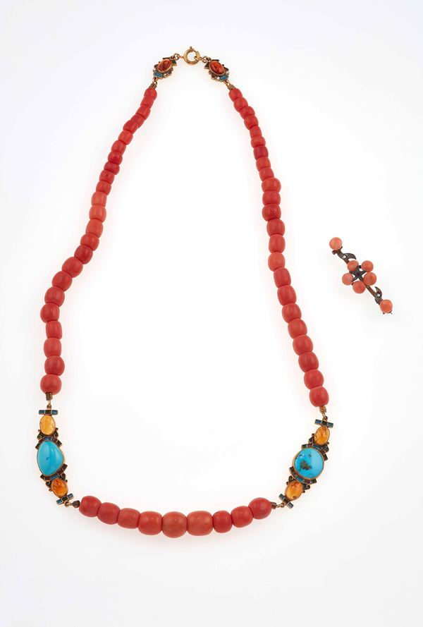 Coral necklace and brooch