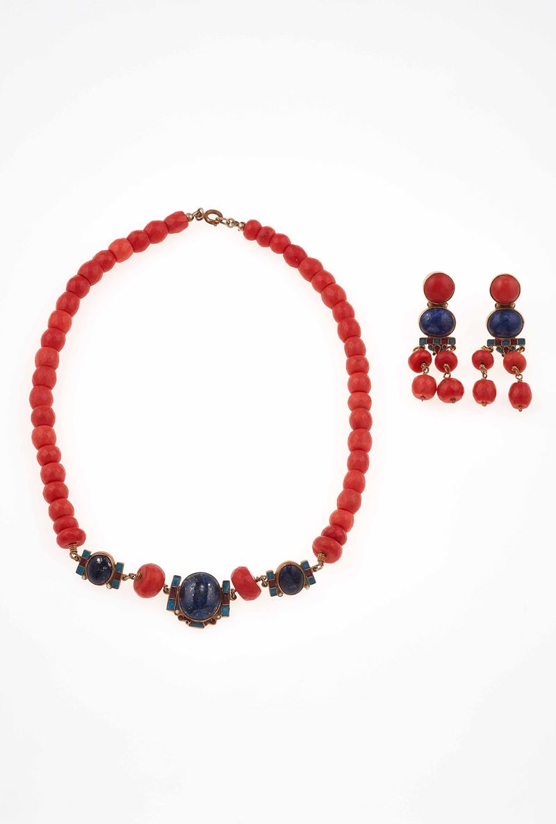 Coral, lapis lazuli and enamel demi-parure  - Auction Jewels - Cambi Casa d'Aste