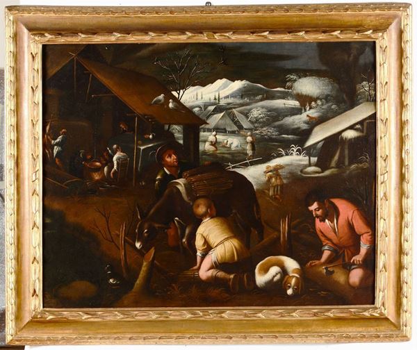 Jacopo da Ponte detto Jacopo Bassano (Bassano del Grappa 1510-1592), scuola di Paesaggio innevato con contadini e taglialegna